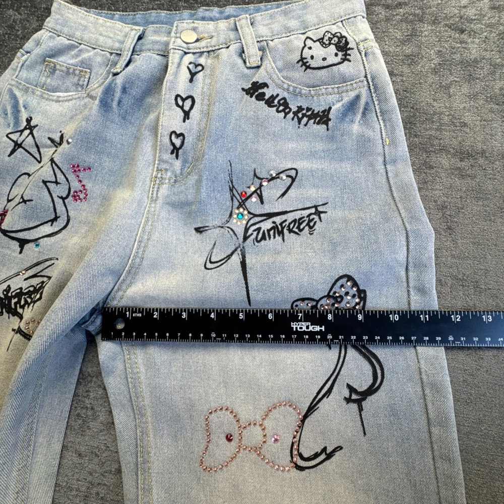 Vintage Hello Kitty Graffiti Rhinestone Wide Leg Jeans Womens 43 Blue Light Wash - Picture 4 of 11
